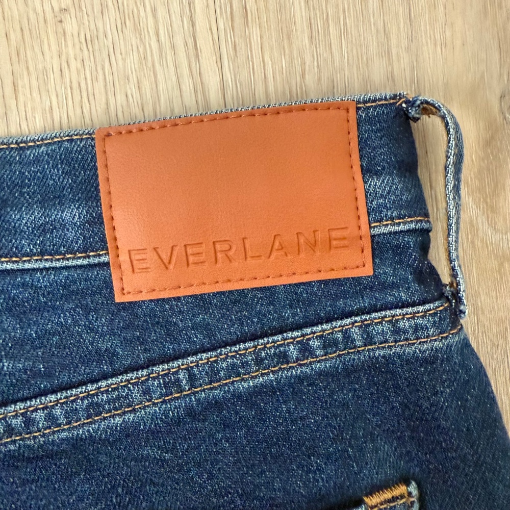 Everlane High-Rise Blue Denim Jeans with Orange Leather Patch